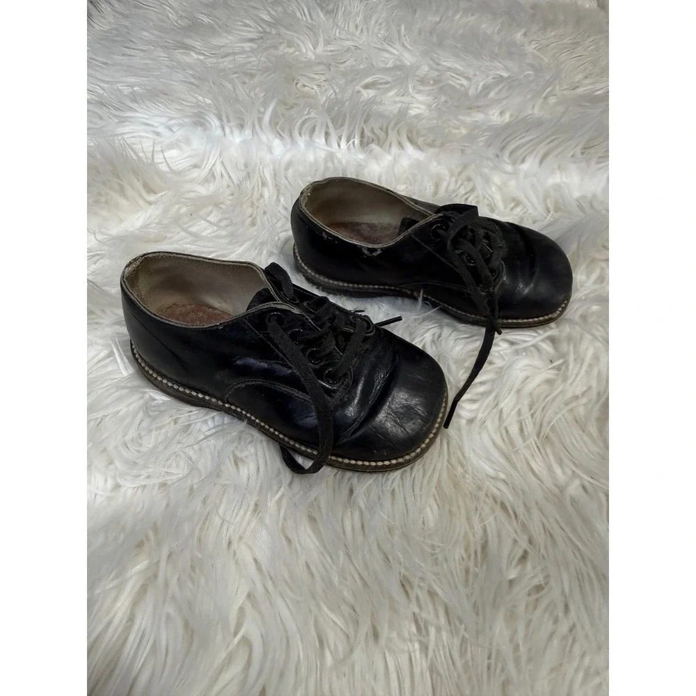 Vintage Black Leather Toddler Lace Up Oxford Shoes Classic Round Toe Flat Sole